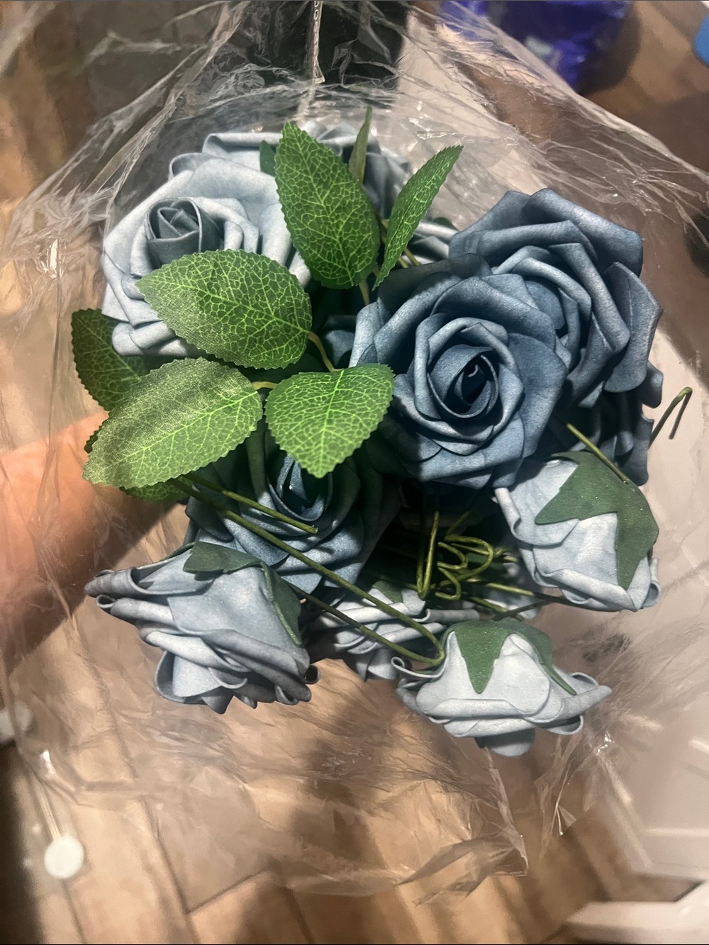 48 Faux Blue Roses with Green Leaves - Picture 3 of 7